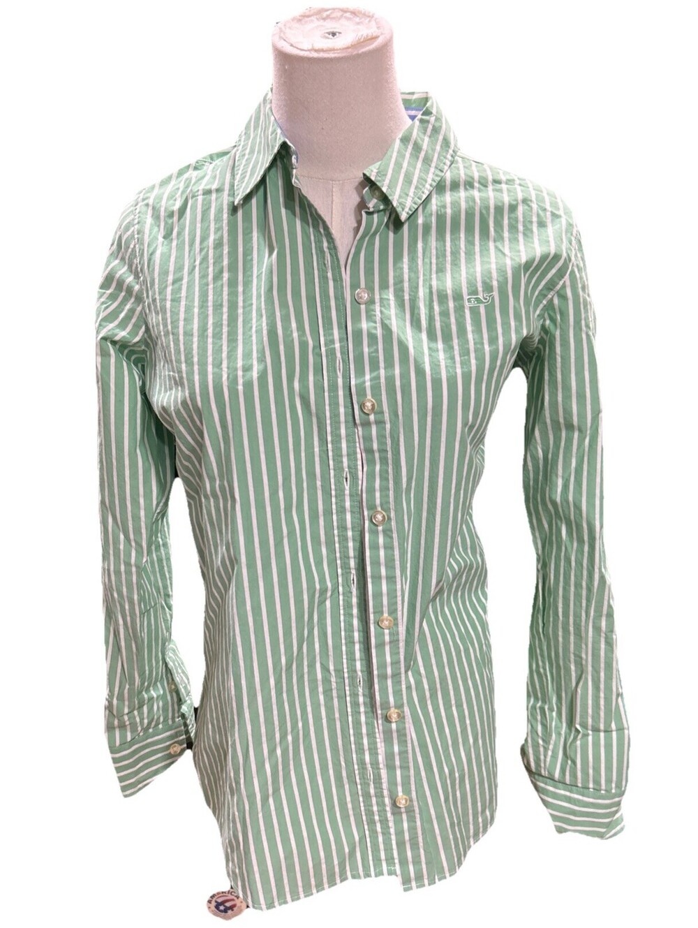 Vineyard Vines Shirt Button Long Sleeves 4 Green White Stripes Vintage